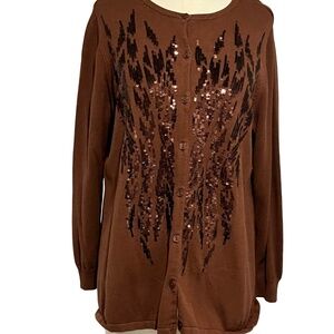 Bob Mackie Wearable Art Vintage Sequin Cardigan Sweater Brown Womens LARGE